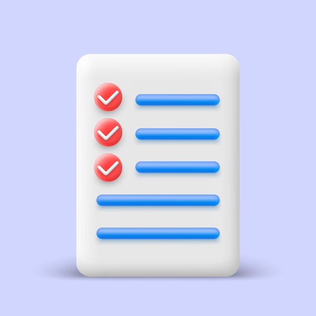 Vecteur icône de document liste de contrôle dans le style de dessin animé 3d feuille de papier blanc avec coches