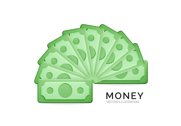 Icône de dollar de papier vert. Billet d'un dollar en silhouette de ventilateur. Argent de dessin animé isolé sur fond blanc. Illustration vectorielle