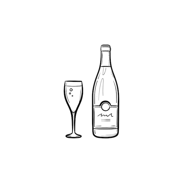 Icône de doodle contour dessiné main bouteille de vin. Illustration de croquis de vecteur de bouteille et verre de vin pour impression, web, mobile et infographie isolé sur fond blanc.