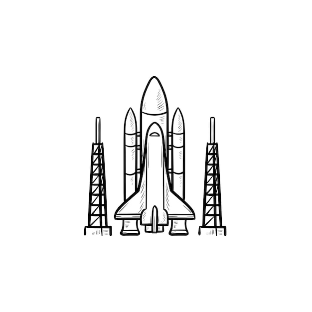 Icône De Doodle Contour Dessiné Main Navette Spatiale. Lancement De Fusée Et Vaisseau Spatial, Porteur De Satellite, Concept D'astronaute