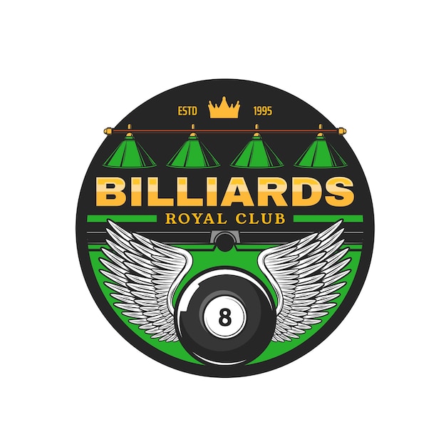 Icône Du Club De Billard, Emblème Vectoriel Pour La Compétition De Billard. Balle Numéro Huit à Ailes Noires Sur Le Terrain De Jeu Vert Devant Le Trou. Sport De Billard, étiquette Isolée Des Membres De La Société De Jeux De La Ligue De Snooker