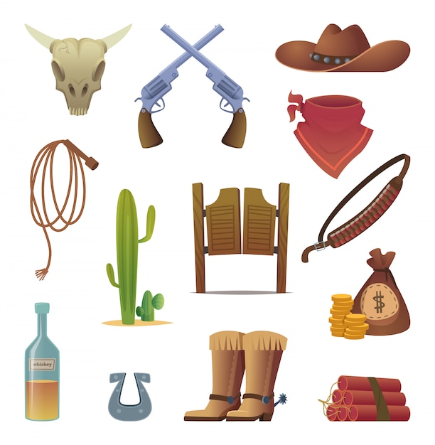 Vecteur icône du far west. cowboys country western symboles saloon boots rodeo lasso cartoon collection