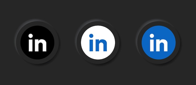 Vecteur icône du logo linkedin neumorphique dans le bouton noir des icônes de médias sociaux logos dans les boutons de neumorphisme