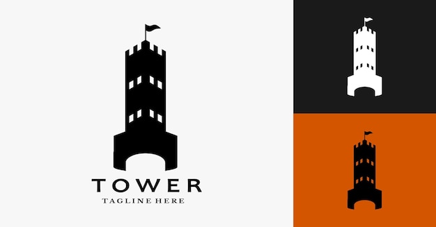 Icône Du Logo De La Tour Du Château Avec Une Silhouette En Noir Et Blanc Du Palais Ou De La Forteresse Avec Des Drapeaux