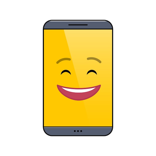 Icône d'émoticône isolée de téléphone portable joyeux symbole d'emoji d'appareil numérique riant communication sociale et chat smartphone heureux montrant l'émotion faciale illustration vectorielle animée de téléphone portable