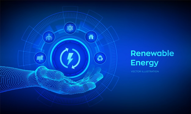 Icône D'énergie Renouvelable Dans La Main Robotique. Sources D'énergie Renouvelables.