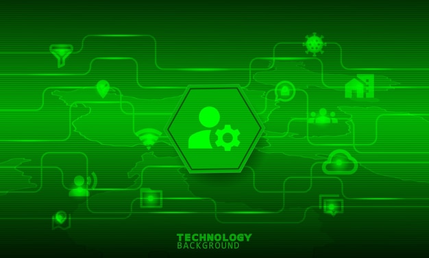 Vecteur icône d'engrenage dans un hexagone vert avec des icônes de communication.