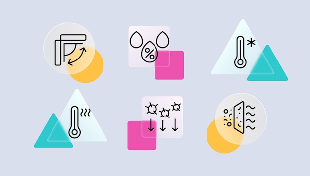 Icône De L'ensemble De Conditionneur Climatisation Filtration De L'air Chaleur Froide Virus Ventilateur Hélice éco Goutte D'eau Hotte Extrait Thermomètre Etc Concept D'air Frais Style De Glassmorphisme Icône De Ligne Vectorielle