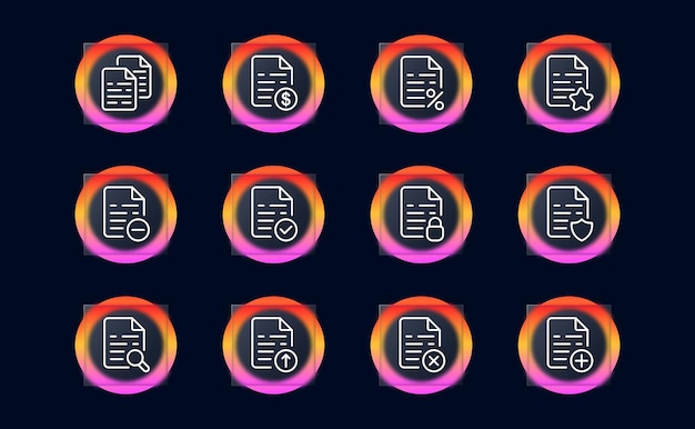 Icône de l'ensemble de fichiers Droits de propriété des informations payantes ajouter supprimer remise pourcentage bouclier télécharger rechercher verrouiller la protection télécharger comme galerie Concept d'ensemble de données Style de glassmorphisme