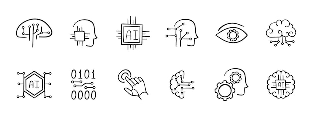 Icône de l'ensemble d'intelligence artificielle Neurones implante AI cerveau humain implantable interfaces informatiques code communication Modernisation du corps humain intelligence artificielle icône de ligne vectorielle