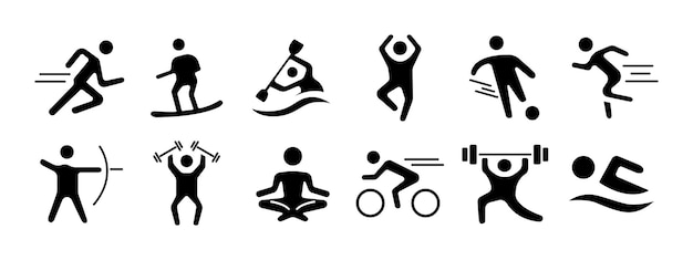 Icône de l'ensemble sportif Courir surfer kayak sauter football tir à l'arc haltérophilie yoga cyclisme natation Concept d'activité physique et de remise en forme