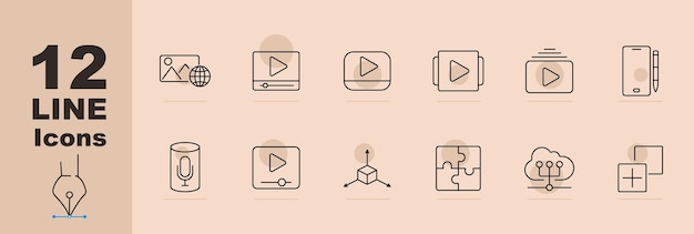Icône de l'ensemble de streaming multimédia Le lecteur vidéo de streaming vidéo global Les connexions nuageuses du micro-puzzle Les outils de réseau d'interaction multimédia