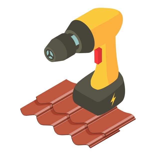 Vecteur icône d'équipement de toiture vecteur isométrique tournevis électrique sur carreaux ondulés travaux de construction et de réparation d'outils électriques