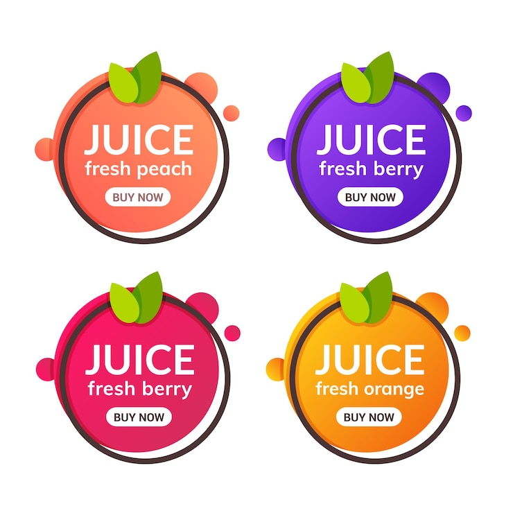 Icône d'étiquette de jus de fruits frais. Autocollant de conception de jus sain d'orange, de citron, de baie, de pêche.