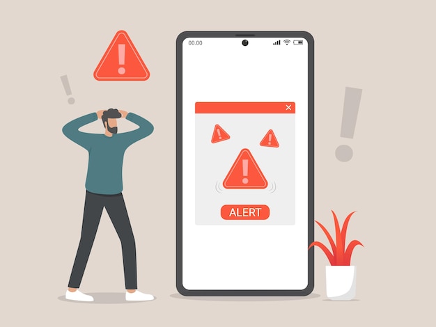 Icône de fichier d'alerte ou message d'avertissement, phishing, cybercriminalité et fraude en ligne concept illustration avec symbole d'alerte de téléphone