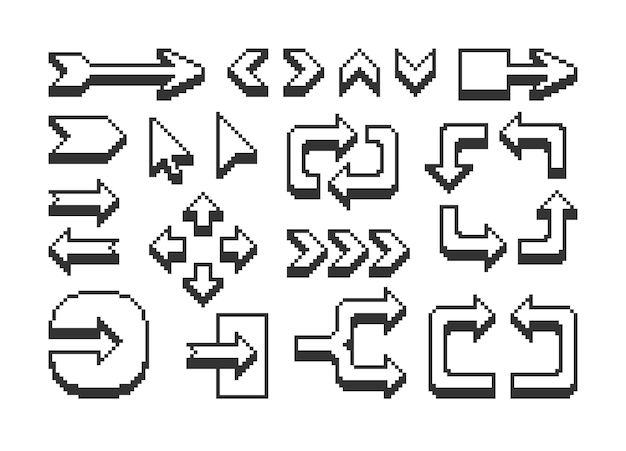 Vecteur icône de flèche définie dans le style pixel ensemble d'icônes pixélisées rétro