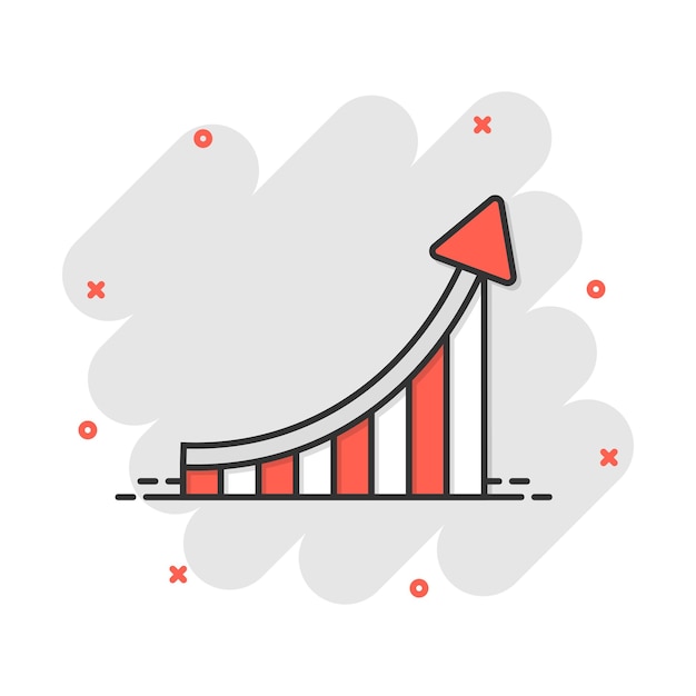 Icône de graphique à barres de plus en plus dans le style comique Augmenter le pictogramme d'illustration de dessin animé de vecteur de flèche Effet de splash de concept d'entreprise de progrès infographique