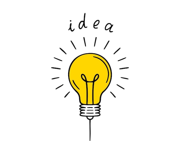 icône de griffon d'ampoule jaune avec concept d'idée icône dessinée à la main dessin d'outline idée d'ampoule ligne clipart symbole