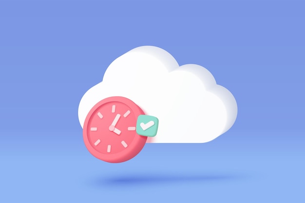 Vecteur icône d'horloge de réveil 3d pour le succès de stockage dans le nuage horloge de temps rose concept de conception minimale de service de temps et de support autour de l'horloge icône d'horloge 3d sur le nuage illustration de rendu vectoriel