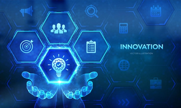 Icône d'innovation dans la main d'un cadre métallique Idée d'entreprise innovante et concept technologique de solution