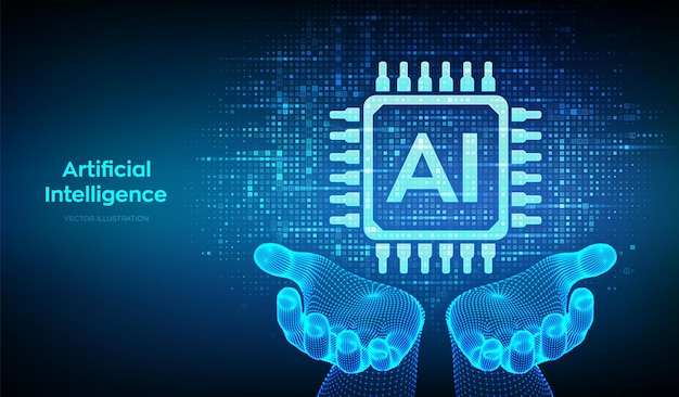 Icône d'intelligence artificielle (IA) faite avec du code binaire dans les mains du wireframe Arrière-plan de données binaires