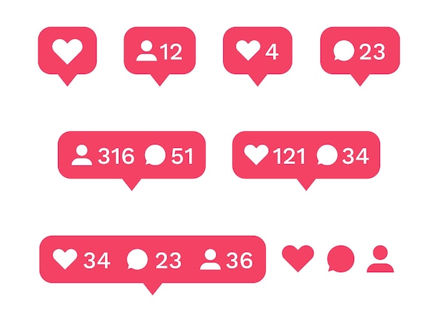 icône d'interface de médias sociaux. comme, commenter, icônes de suiveur. illustration vectorielle amour coeur boutons
