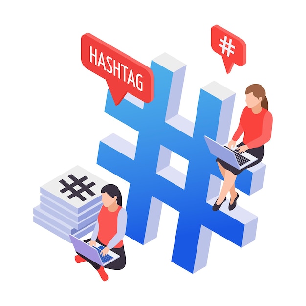 Icône Isométrique De Hashtag De Médias Sociaux Avec Deux Personnages Et Ordinateurs Portables