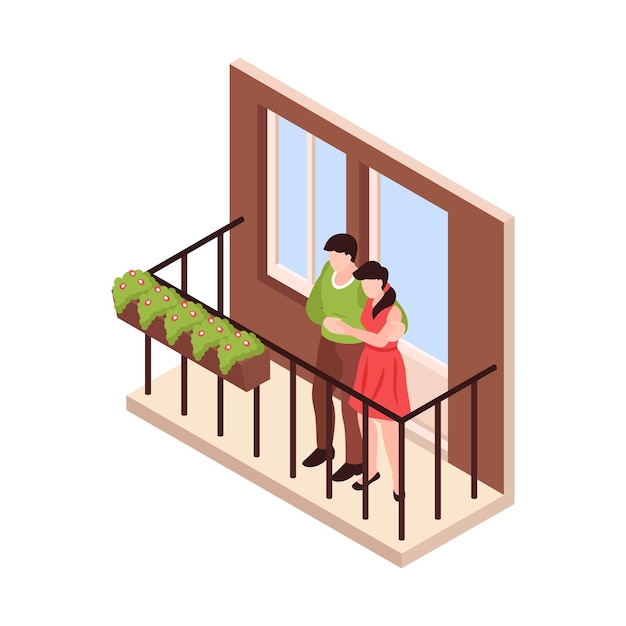 Icône Isométrique De Quartier Charmant Avec Couple étreignant Sur L'illustration Vectorielle De Balcon