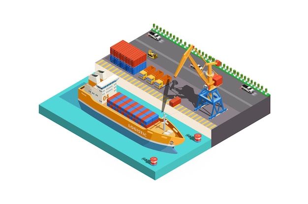 Vecteur icône isométrique vectorielle ou élément infographique port de fret poly avec grues