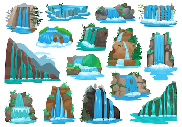 Icône de jeu de dessin animé isolé cascade. dessin animé mis icône cascade de la rivière.