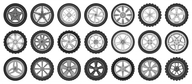 Vecteur icône de jeu de dessin animé isolé de roues de voiture. pneu de véhicule illustration