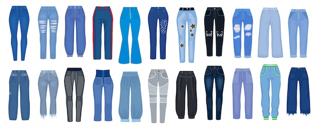 Vecteur icône de jeu de pantalons jeans dessin animé. illustration femme pantalon sur fond blanc. jeu d'icônes dessin animé isolé type de jeans.