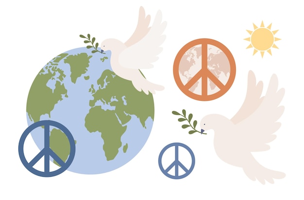Vecteur icône de la journée internationale de la paix. planète terre, colombe de la paix mondiale, signe du pacifisme, soleil. anti-guerre