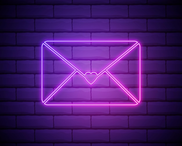 Vecteur icône de lettre d'amour au néon isolée sur l'enveloppe de fond de mur de brique avec timbre coeur rose concept de correspondance d'amour de courrier de saint-valentin illustration vectorielle 10 eps