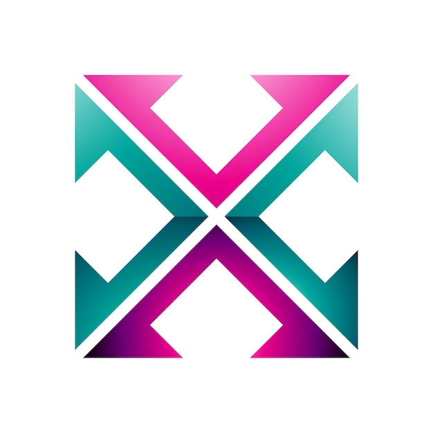 Icône de lettre X en forme de carré de flèche brillante magenta et verte sur fond blanc