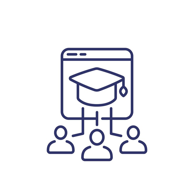 Vecteur icône de ligne d'éducation en ligne avec les étudiants