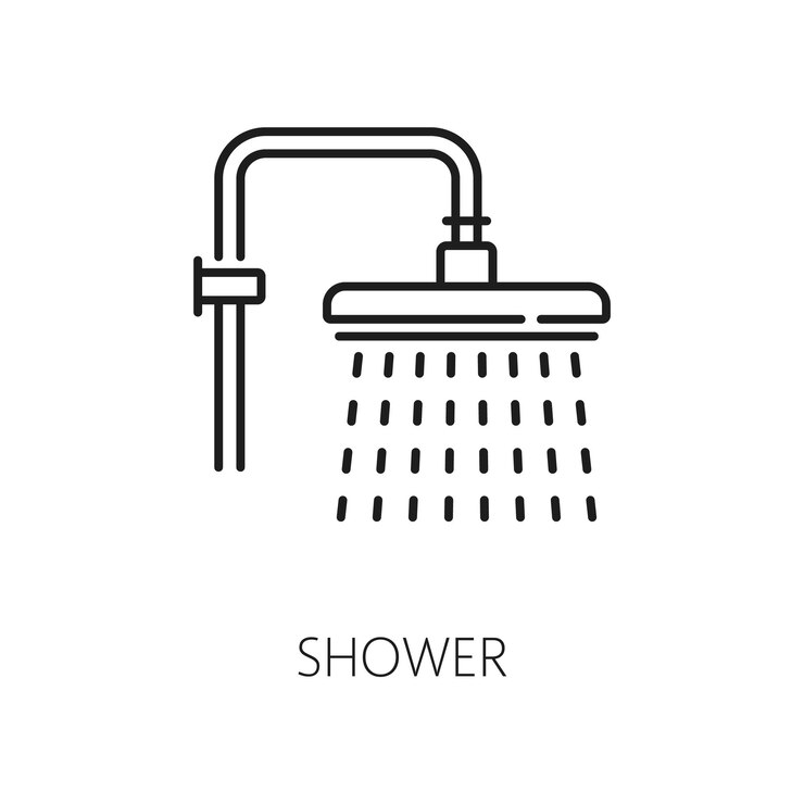 Vecteur icône de ligne mince de douche aérienne concept de consommation d'eau non économique et de panneau de service d'hôtel à vecteur de goutte à goutte qui tombe