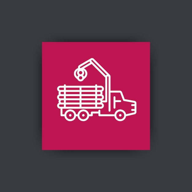 Vecteur icône de ligne de transitaire, camion, véhicule forestier, signe de bûcheron, icône carrée de camion d'exploitation forestière, illustration vectorielle