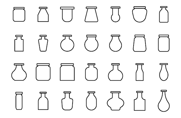 Vecteur l'icône de la ligne vectorielle définit le flacon de forme différente illustration de la conception du symbole de la bouteille de verre