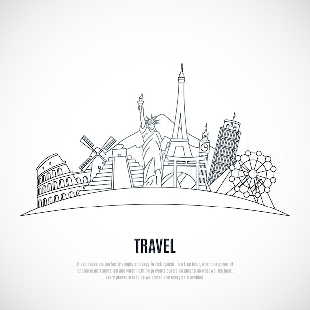 Icône de ligne de voyage Illustration des points de repère du monde Modèle vectoriel