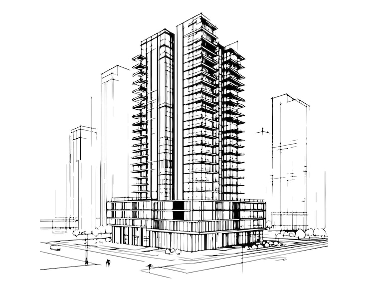 Vecteur icône linéaire d'un immeuble de grande hauteur
