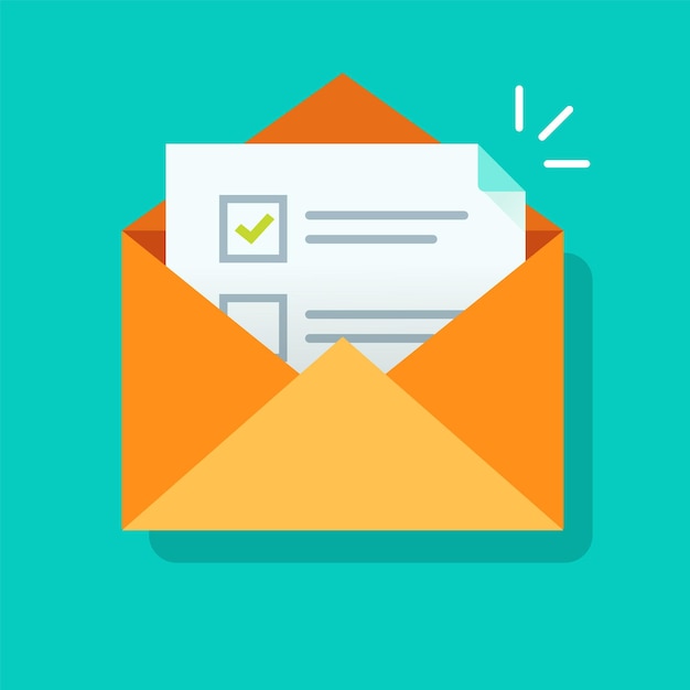 Icône de liste de contrôle d'e-mail de vote d'enquête ou lettre de courrier avec dessin animé plat de sélection de formulaire d'examen de tâche en ligne