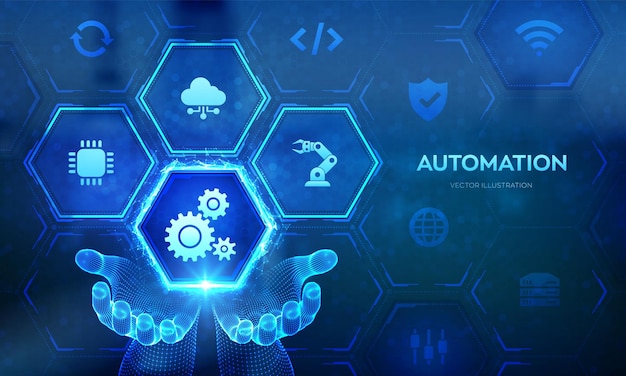 Icône de logiciel d'automatisation dans les mains de wireframe IOT et concept d'automation en tant qu'innovation améliorant la productivité dans la technologie et les processus commerciaux Technologie intelligente industrielle Illustration vectorielle