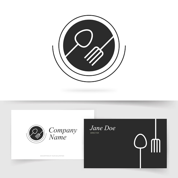 Vecteur icône de logo d'ustensile de bar de restaurant ou luxe de cafétéria de nourriture avec la carte de visite d'affaires de fourchette et de cuillère