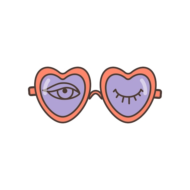 Icône de lunettes en forme de coeur Iillustration en style cartoon dans la conception de clipart rétro des années 70