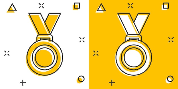 Icône De La Médaille Dans Le Style Comique Prix Dessin Animé Signe Illustration Vectorielle Sur Fond Blanc Isolé Trophée Prix Effet Splash Concept D'entreprise