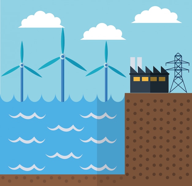 Vecteur icône de la mer et l'industrie éolienne