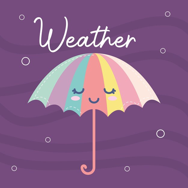 Vecteur icône météo d'un parapluie souriant et lettrage météo sur une conception d'illustration pourpre