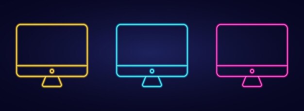 Icône de moniteur d'ordinateur au néon sur fond foncé écran luminescent bleu rose et jaune contour