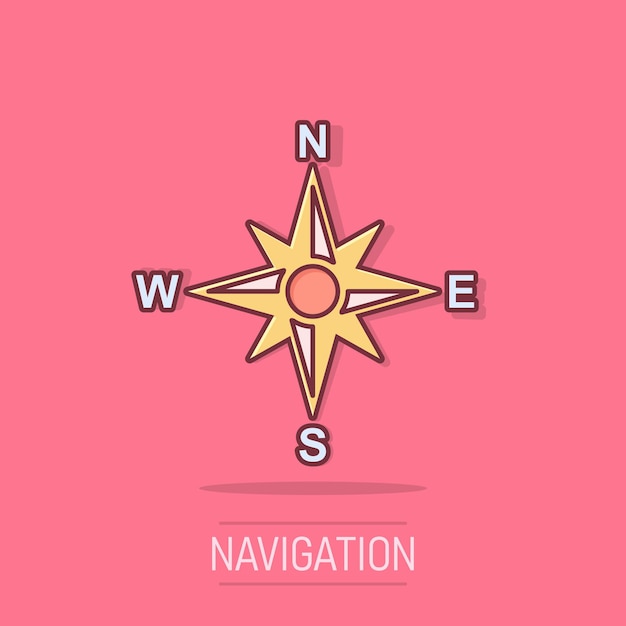 Vecteur icône de navigation mondiale dans le style de bande dessinée compass gps illustration de dessin animé vectoriel sur fond blanc isolé découverte de l'emplacement effet d'éclaboussure de concept d'entreprise
